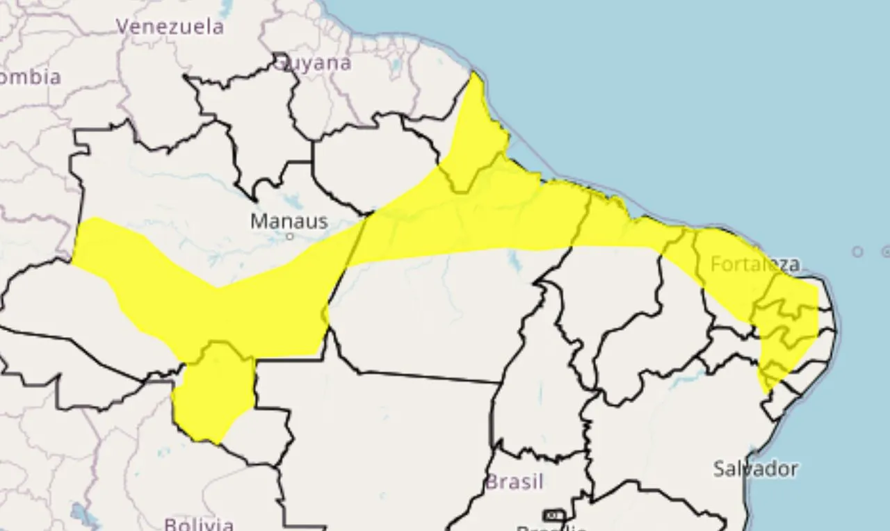 O mapa mostra &agrave;s &aacute;reas em alerta parta chuva intensa